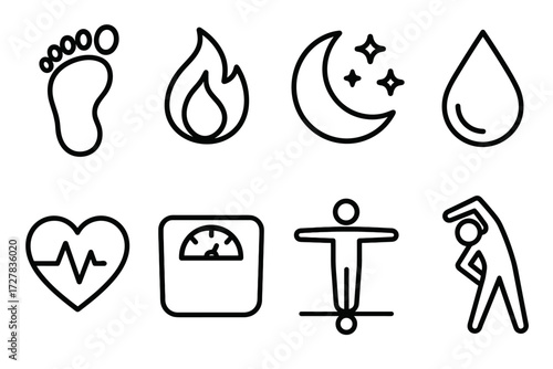 Health Tracker Icons. Health metrics visuals icons in outline style: step counter footprint, calories flame, sleep moon with stars, hydration droplet
