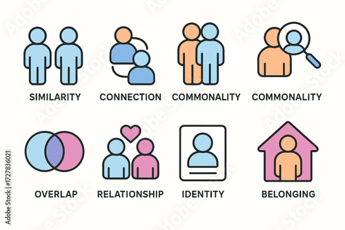 Isometric Connection Icons. Concepts set icons in modern isometric flat : similarity, connection, unity, commonality, overlap, relationship, identity,