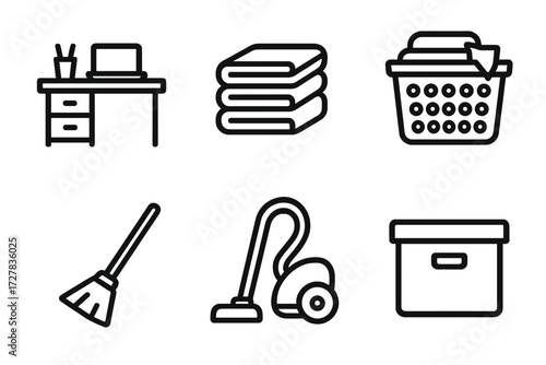 Organized Space Icons. Organized space icons in outline style: tidy desk, folded clothes, laundry basket, storage box, broom, vacuum