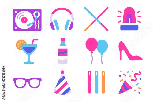 Vibrant Dance Party Icons. Club dance floor in modern flat vector : DJ turntable, headphones, neon lights, strobe light, cocktail glass, soda bottle,