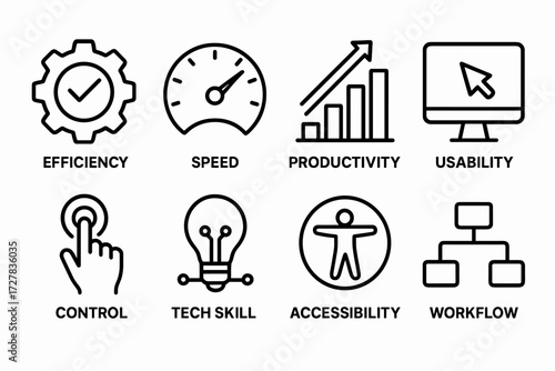 Tech Efficiency Icons. Concepts icons in outline style: efficiency, speed, productivity, usability, control, tech skill, accessibility, workflow