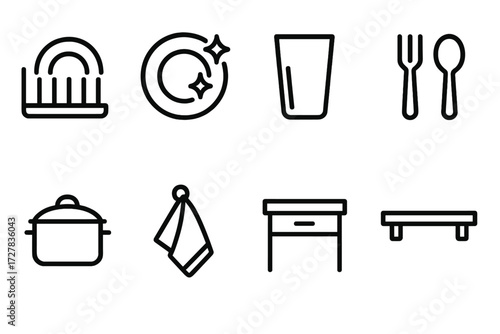 Kitchen Icon Set. Clean kitchen set icons in outline style: dish rack, sparkling plate, glass, fork and spoon, pot lid, drying towel, counter surface