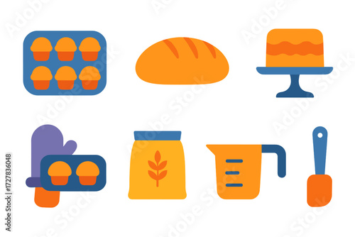 Baking Essentials Icons. Baking visuals in modern flat vector : cupcake tray, bread loaf, pie, cake stand, mitt holding tray, flour bag, measuring cup