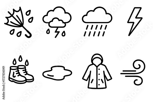 Rainy Day Icons. Rainy struggle icons in outline style: umbrella flip, storm cloud, heavy rain, lightning bolt, soaked shoes, puddle, coat, wind