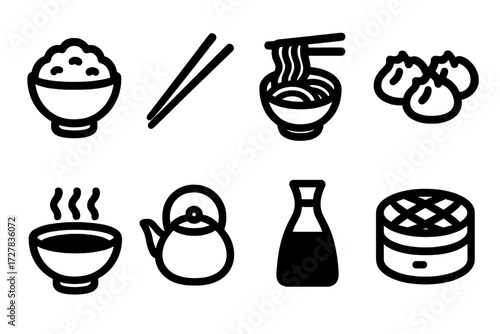 Asian Cuisine Icons. Asian cuisine icons in outline style: rice bowl, chopsticks, noodle bowl, dumplings, soup bowl, teapot, soy sauce bottle, bamboo