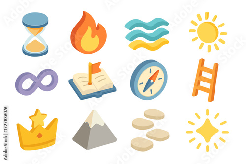 Isometric Icon Collection. Symbolic pit stop set icons in modern isometric flat : hourglass, flame, harmony wave, radiant sun, infinity loop,