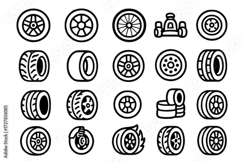 Various Wheel Icons. Wheel basics icons in outline style: car wheel, motorcycle wheel, bicycle wheel, go-kart wheel, rally tire, slick race tire,