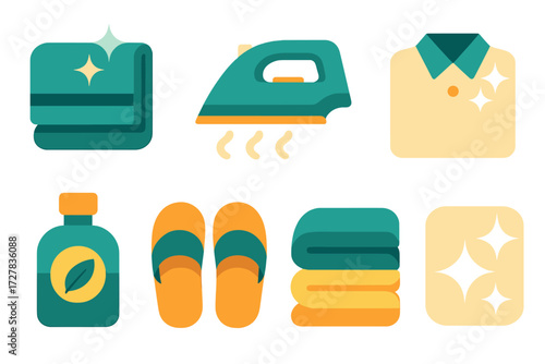 Fresh Laundry Icons. Fresh laundry set set of icons in abstract flat : sparkling towel, steam iron, fresh shirt, neatly stacked clothes, fabric scent