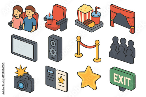 Isometric Cinema Icons. Cinema experience set icons in modern isometric flat : couple seating, armrest with cup holder, snack tray, stage curtain, big
