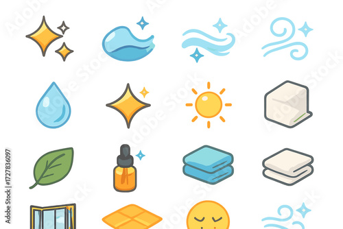 Isometric Clean Icons. Fresh results set icons in modern isometric flat : sparkle, shining star, clean wave, breeze swirl, droplet shine, glowing