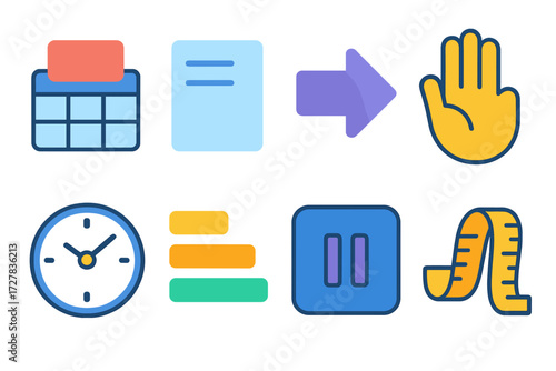 Time Management Icons. Time management aids in modern flat vector : blocked slot, transparent rectangle, future arrow, hold icon, neutral face clock,