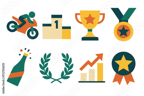 Victory Icon Set. Victory symbols set of icons in abstract flat : motorbike lean, podium, trophy, medal, champagne bottle, laurel wreath, rising