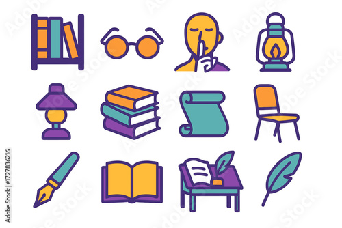Modern Library Icons. Library quietness in modern flat vector : bookshelf, reading glasses, hush finger gesture, candle lantern, lamp on desk, stacked