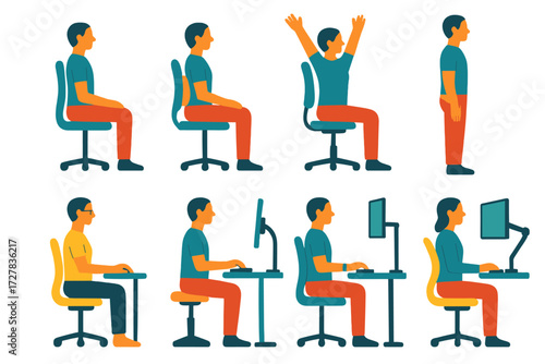 Ergonomic Posture Icons. Posture and comfort in modern flat vector : straight spine figure, lumbar support cushion, balanced sitting, stretching arms,