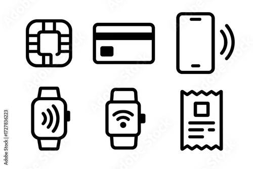 Cashless Payment Icons. Cashless icons icons in outline style: payment chip, credit card, smartphone, NFC waves, smartwatch, receipt