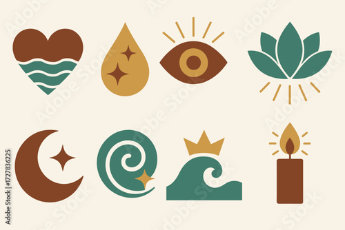 Icon Set. Symbols set of icons in abstract flat : heart with waves, teardrop with sparkles, eye with glow, lotus with rays, moon with shine, spiral