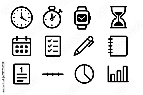 Timekeeping Icons Collection. Basic time log tools icons in outline style: wall clock, stopwatch, digital watch, hourglass, desk calendar, checklist,