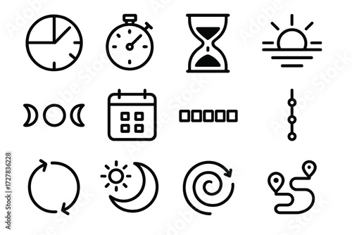 Time Progress Icons. Time-based progress icons in outline style: clock with segments, stopwatch dial, hourglass filling, sun rising, moon phases,