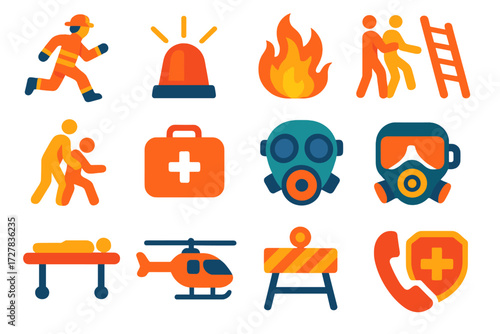 Emergency Response Icons. Emergency action in modern flat vector : running firefighter, fire truck siren, flames with smoke, rescue ladder, person