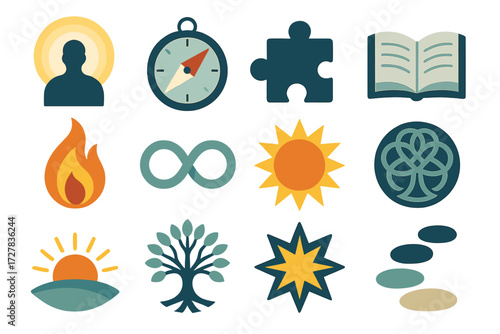 Abstract Icon Set. Symbolic diagnostics set of icons in abstract flat : glowing aura, guiding compass, puzzle piece, open book, flame, infinity loop,