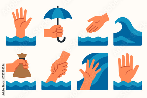 Hands in Action. Gestures in modern flat vector : hand raised against water, hand holding umbrella, hand reaching for help, hand pointing at wave,