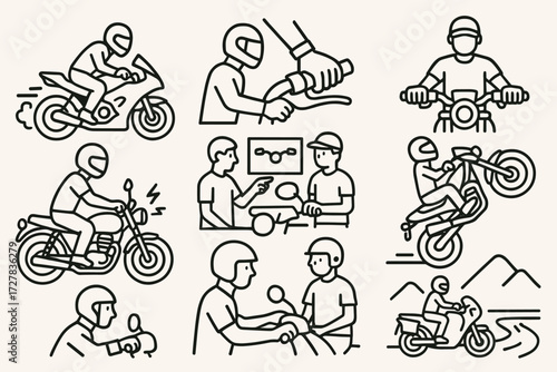 Motorcycle Action Icons. Situations icons in outline style: rider revving motorcycle, racer gripping throttle, mechanic testing handlebar, biker