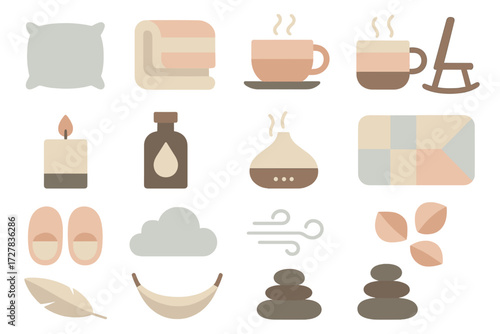 Cozy Calming Icons. Calming objects set of icons in abstract flat : pillow, blanket, tea cup, hot cocoa mug, candle, essential oil bottle, aroma