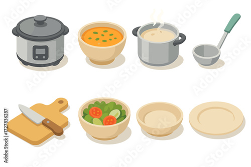 Isometric Kitchen Icons. Home cooking set icons in modern isometric flat : slow cooker, soup bowl, steaming pot, ladle, cutting board, knife, salad