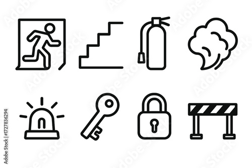 Building Safety Icons. Building safety icons in outline style: evacuation sign, stairway, fire extinguisher, smoke, alarm light, key, lock, barrier.
