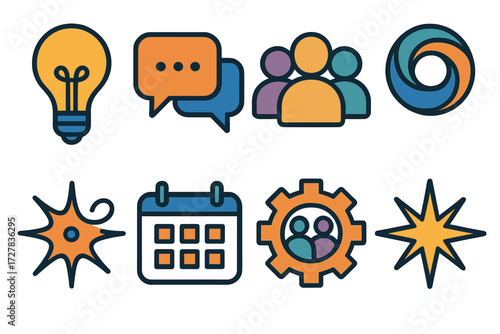 Innovative Idea Icons. Brainstorm session set of icons in abstract flat : lightbulb idea, chat bubbles, group avatars, swirl lines, innovation spark,