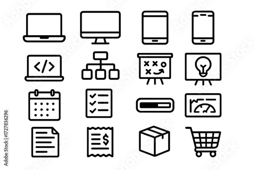 Business Tools Icons. Business tools icons in outline style: laptop, desktop screen, tablet, mobile phone, code editor, flowchart, strategy board,