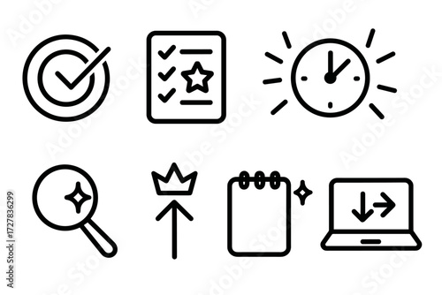 Icons with Special Effects. Symbols icons in outline style: target with checkmark, checklist with star, clock with glow, progress bar with rays,