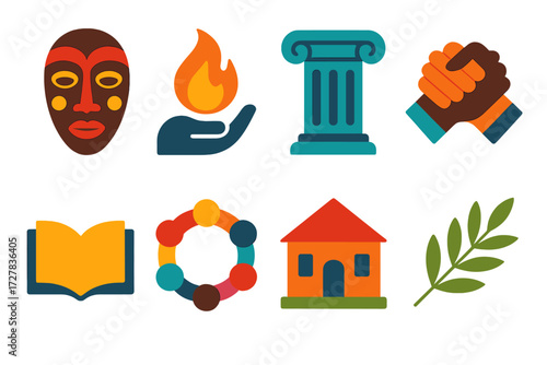 Cultural Symbols Icons. Cultural respect in modern flat vector : traditional mask, storytelling flame, monument pillar, joined hands, open book,