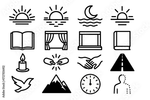 Dramatic Symbols Icons. Dramatic symbols icons in outline style: sunset horizon, sunrise glow, moon over water, fading light, last page, curtain fall
