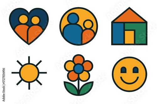 Family Icons. Family bond set of icons in abstract flat : relationship goal, parent and child, home, sunshine, flower, smile face