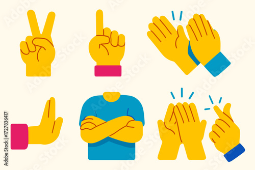 Expressive Hand Gestures. Gestures in modern flat vector : hand doing peace sign, hand pointing upward, hand clapping, hand breaking pose, hand