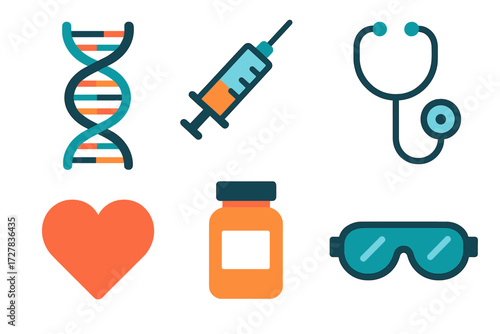Medical Research Icons. Medical research in modern flat vector : DNA strand, syringe, stethoscope, heart, pill bottle, lab goggles