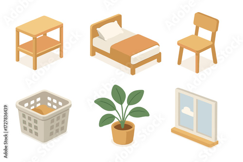 Isometric Living Icons. Simple living set icons in modern isometric flat : empty shelf, bed with pillow, chair, laundry basket, houseplant, calm