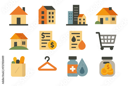 Living Essentials Icons. Living basics set of icons in abstract flat : house, apartment, city skyline, suburban home, rural house, rent receipt,