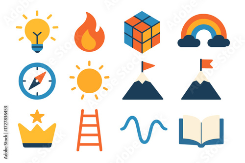 Vibrant Icon Montage. Creative feedback loop in modern flat vector : lightbulb idea, storytelling flame, puzzle cube, rainbow arc, guiding compass,