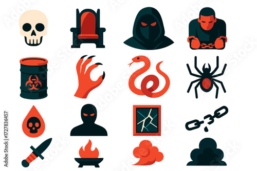 Dark Icons Collection. Villain vibes in modern flat vector : skull emblem, dark throne, sinister mask, red glowing eye, chained prisoner, toxic barrel