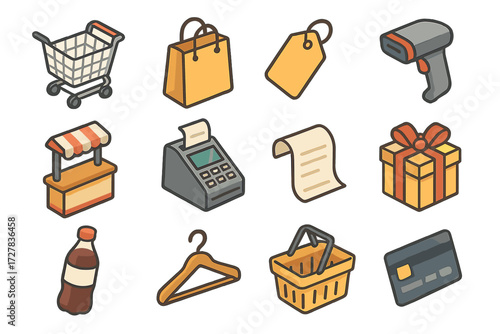 Shopping Icon Set. Shopping payment set icons in modern isometric flat : grocery cart, shopping bag, price tag, barcode scanner, store counter, cash