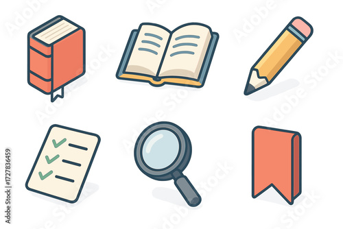 Isometric Learning Icons. Learning tools set icons in modern isometric flat : guidebook, open book, pencil, checklist, magnifying glass, bookmark