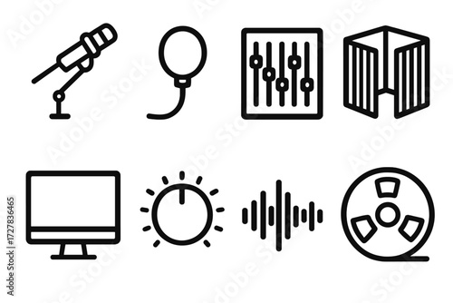 Studio Setup Icons. Studio setup icons in outline style: boom mic, pop filter, mixing console, sound booth, monitor screen, volume knob, waveform,