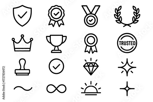 Trust Symbol Icons. Trust & quality icons in outline style: shield check, ribbon badge, medal, laurel wreath, crown, trophy, certificate seal, trust