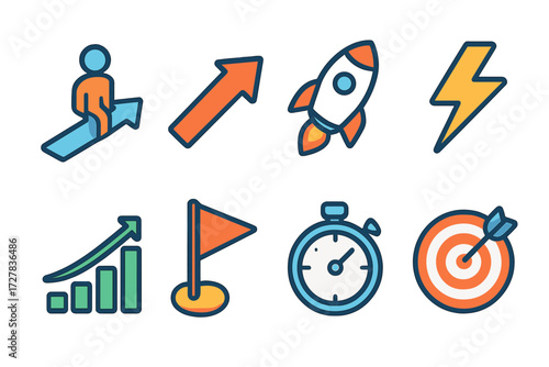 Dynamic Action Icons. Action symbols set icons in modern isometric flat : execution phase, fast arrow, rocket, lightning bolt, rising graph, flag