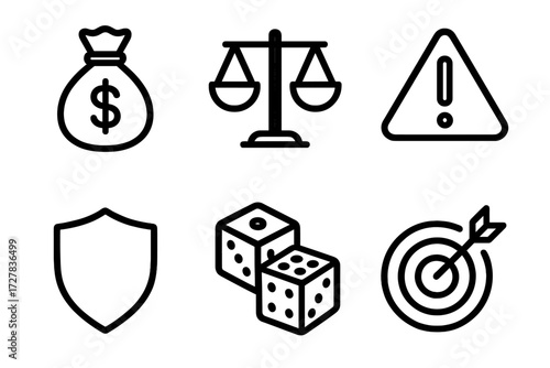 Risk and Reward Icons. Risk & reward icons in outline style: money bag, scale, warning triangle, shield, dice, target dartboard