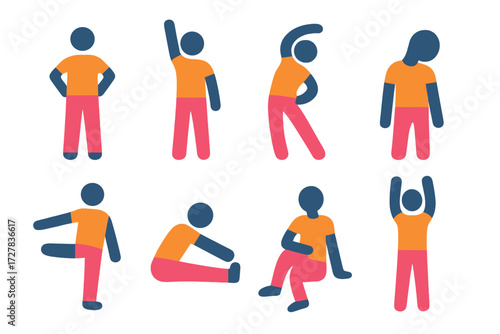 Modern Stretch Icons. Quick stretch icons in modern flat vector : standing figure stretch, arm raise, side bend, neck roll, leg lift, seated stretch,