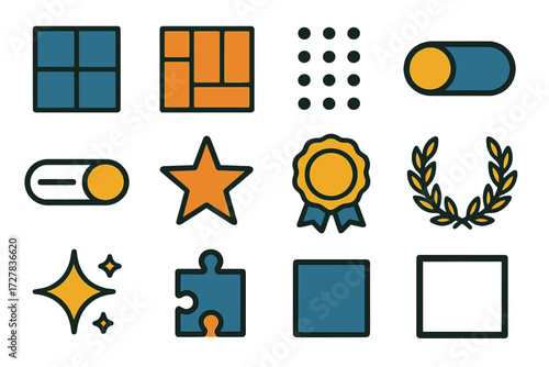 Icon Grid. Basic layout grid set of icons in abstract flat : grid layout, square blocks, rectangle blocks, drag handle, toggle switch, slider bar,