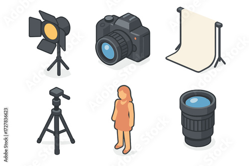 Photography Equipment Icons. Photo shoot set icons in modern isometric flat : studio light, camera, backdrop, tripod, model figure, lens